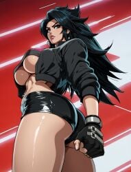 ass black_hair booty_shorts crop_top cropped_jacket eromancer gloves large_breasts long_hair navel_piercing onyx_(character) pure_onyx underboob