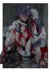 1boy arknights bandage blood blood_on_face blue_hair braided_hair covered_in_blood cuntboy cuntboy_only exposed_nipples facial_hair glasses hairy_pussy intersex lifting_shirt mr._nothing_(arknights) no_shoes pubic_hair public_restroom red_hair round_glasses solo_male talisman ten_yen thong toilet turtleneck wraps