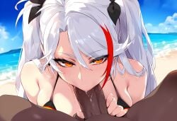 1boy 1girls absurd_res ai_generated azur_lane beach bikini blowjob blush dark-skinned_male fellatio female hi_res light-skinned_female long_hair looking_at_viewer male male_pov oral orange_eyes outdoors penis pov prinz_eugen_(azur_lane) sucking_penis twintails uncensored white_hair