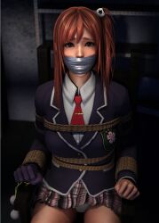 3d 3d_(artwork) bdsm_gear bondage bondage bondage_gear bound chair chair_bondage dead_or_alive female female_focus female_only honoka_(doa) iorel-renders panties panties_visible_through_clothing pantyhose rope rope_bondage school_uniform schoolgirl skirt solo solo_female thick_thighs thighs