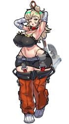1girls alternate_breast_size armpits bags_under_eyes blonde_hair blush breasts earrings eyebags female female_only full_body green_eyes huge_breasts light-skinned_female light_skin looking_at_viewer midriff mold001 mole navel nipple_bulge one_eye_closed open_mouth piper_wheel raised_arm shorts sweat sweaty_armpits sweaty_body tied_hair torn_clothes white_background yawn zenless_zone_zero