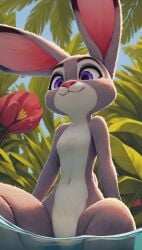 1girls ai_generated anthro disney featureless_crotch female female_only judy_hopps lagomorph low-angle_view nude nude_female rabbit rabbit_humanoid scalieton self_upload smile water wet_body wet_fur zootopia