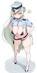 :t absurdres bikini black_bikini black_footwear blue_hat breasts cloba cuffs female female_pubic_hair goddess_of_victory:_nikke green_hair green_pubic_hair handcuffs hat highres holding holding_handcuffs large_breasts long_hair looking_at_viewer navel police police_uniform policewoman pout pubic_hair purple_eyes shoes simple_background soda_(nikke) solo standing swimsuit thighhighs very_long_hair white_background white_thighhighs