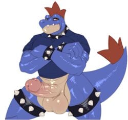 1boy alpha_channel anthro anthrofied big_penis big_testicles blue_skin bottomless bracelet clothes clothing crossed_arms erection feraligatr huge_testicles humanoid_penis klent large_penis large_testicles long_penis male male_only muscular muscular_male nintendo orange_eyes original_character penis pokémon_(species) pokemon pokemon_gsc scalie shirt solo spikes standing tail testicles thick_penis thick_thighs thigh_gap tight_clothing veins veiny_penis video_games