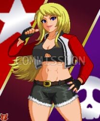 1girls big_breasts blonde_hair blue_eyes bonne_jenet breasts busty cleavage cosplay fatal_fury female female_only fingerless_gloves garou:_mark_of_the_wolves gloves hand_on_hip highres jacket king_of_fighters large_breasts legs long_hair looking_at_viewer midriff nail_polish navel open_clothes open_jacket pink_lips pixel_art pose posing rock_howard short_hair smile solo tank_top thick_thighs thighs toned underboob watermark