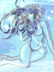 1girls big_breasts blue_hair bow breasts busty curvy feet female female_only hair_ribbon highres large_breasts legs long_hair looking_at_viewer one-piece_swimsuit parted_lips ponytail red_bow ribbon sakura_shinguji sakura_wars sega smile solo swimsuit thighs underwater voluptuous water