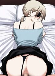 1girls ai_generated black_thong chainsaw_man clothed_sex eyepatch panties panties_aside quanxi_(chainsaw_man) sex sex_from_behind thong thong_aside