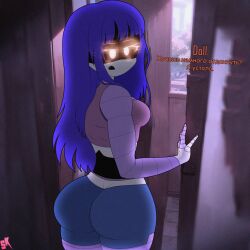 big_ass doll_(murder_drones) female large_ass large_breasts long_hair looking_at_viewer murder_drones orange_eyes purple_hair russian russian_text samkvevo talking_to_viewer