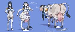 2018 absurd_res annoyed anthro anus ass black_hair blue_background blush bodily_fluids bottomwear bovid bovine breasts cattle clothing cow cow_girl drooling female feral hair hand_on_hip hi_res hooves human human_to_feral kill_la_kill kiryuuin_satsuki lactating mammal milk navel pussy saliva sequence simple_background skirt slightly_chubby solo species_transformation standing tail-blazer teats torn_clothing transformation udders uniform weight_gain