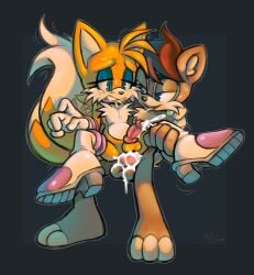 carrying_partner crossdressing cum cum_inside cum_while_penetrated elbow_gloves eyeshadow fan_character furry gay gay_sex male martyjade23 mostly_nude penis rouge_the_bat_(cosplay) sega sonic_(series) tails_the_fox thigh_boots
