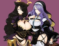 2girls alternate_costume bare_thighs black_hair black_pantyhose blue_archive breasts camilla_(fire_emblem) camilla_(fire_emblem)_(cosplay) cleavage cosplay costume_switch crossover female female_only fire_emblem fire_emblem_fates gloves hair_over_one_eye halo highres hinata_(blue_archive) hinata_(blue_archive)_(cosplay) inner_thighs large_breasts long_hair multiple_girls pantyhose purple_eyes purple_hair revolverwingstudios tiara wavy_hair