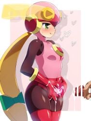 1boy 1girls bodysuit gloves helmet konpeto leotard mega_man mega_man_battle_network partial_male penis roll.exe thighhighs wide_hips