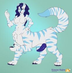 anthro anthro_only blue_hair felid furry green_eyes gynomorph hair hi_res intersex intersex_only kitsune-kajiru machairodontine mammal penis rena_dyne smilodon solo taur