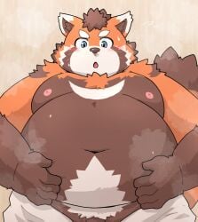 2024 ailurid anthro belly big_belly blush brown_body kemono kotadash male mammal moobs navel nipples orange_body overweight overweight_male red_panda solo steam tamacolle towel