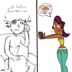 1girls 2boys bald_female blowjob blush blush_lines cody_(tdi) completely_naked completely_naked_male completely_nude completely_nude_male dark-skinned_female deepthroat english_text ewwihategays female gay gay_blowjob hair_grab heather_(tdi) holding_phone human male no_color noah_(tdi) oral phone phone_call purple_hair sierra_(tdi) sitting_on_couch skinny_male sucking_penis tagme talking talking_on_phone tan_skinned_female text total_drama_island yaoi yapping