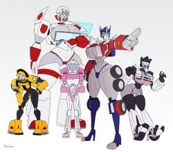 1boy 4girls arcee big_breasts breasts bumblebee_(transformers) curvy curvy_female curvy_figure female hips jazz_(transformers) male optimus_prime ratchet_(transformers) robocream robot robot_girl robot_humanoid thick_hips thick_legs thick_thighs thighhighs thighs transformers wide_hips