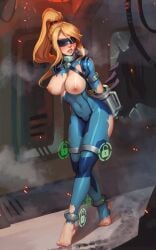 arm_restraints arms_behind_back barefoot blindfold blonde_hair blush bodysuit bondage captured captured_heroine enslaved imminent_sex large_breasts long_hair metroid nintendo ponytail samus_aran saneperson slave slave_collar slavegirl torn_bodysuit torn_clothes voluptuous