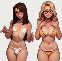 1boy 1girls ai_generated bikini black_eyes blonde_hair blush blush breasts brown_hair bulge civitai crossdressing embarrassed_male female femboy feminine_male girly glasses long_hair looking_at_viewer male midriff mother mother_and_son redesign simple_background skindentation smile smiling son white_bikini yellow_bikini