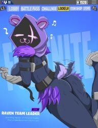 1girls 2023 2023s 2d 2d_(artwork) 2d_artwork absurd_res absurdres anthro ass bear bear_ears belt big_ass big_breasts breasts bubble_ass bubble_butt butt digital_media_(artwork) english_text epic_games female female_focus female_only fortnite fortnite:_battle_royale fur furry furry_female gloves glowing_eyes half-closed_eyes hi_res huge_ass huge_butt leg_up looking_at_viewer mammal metal_gloves musical_note partially_clothed purple_eyes purple_fur raven_team_leader raven_team_leader_(fortnite) rear_view scar scar_across_eye scar_on_face smile solo solo_female solo_focus tail tail_motion thick_thighs thighs wide_hips zebra10045