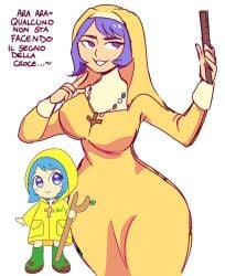 ara_ara big_breasts blue_hair christianity crucifix italian_text luce_(vatican) vatican yellow_universe