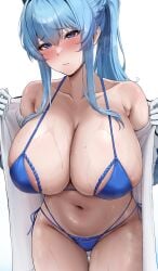 1girls bikini blue_eyes blue_hair breasts female goddess_of_victory:_nikke helm_(aquamarine)_(nikke) helm_(nikke) hi_res hips huge_breasts large_breasts light-skinned_female light_skin long_hair naughty_face nunu_(pixiv69145027) ponytail thick_thighs thighs wide_hips