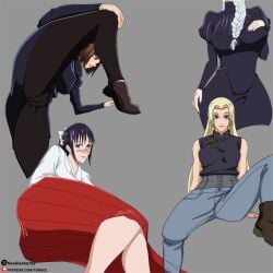 blonde_hair blue_hair boots braid braided_hair brown_hair clothed clothing jeans jujutsu_kaisen kimono laying_down legs_up long_hair mei_mei_(jujutsu_kaisen) multiple_girls nail_polish purple_hair school_uniform shoes shoko_ieiri short_hair spread_legs utahime_iori yuki_tsukumo