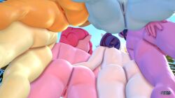 16:9 3d anthro anthrofied anthroponiessfm anus applejack_(mlp) ass ass_to_ass big_butt biped blue_body digital_media_(artwork) equid equine female female/female fluttershy_(mlp) friendship_is_magic genitals group hair hasbro hi_res holding_butt horn low-angle_view mammal mane_six_(mlp) my_little_pony mythological_creature mythological_equine mythology nude orange_body outside pink_body pink_hair pinkie_pie_(mlp) purple_body purple_hair pussy rainbow_dash_(mlp) rarity_(mlp) thick_thighs twilight_sparkle_(mlp) unicorn white_body widescreen yellow_body