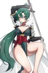 1girls big_breasts blue_eyes cleavage fire_emblem fire_emblem:_the_blazing_blade green_hair kiritzugu large_breasts lyn_(fire_emblem) nintendo no_panties ponytail sword thick_thighs thighs weapon