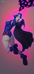 1girls action_pose ass back_view danderfull flying grey_body looking_at_viewer looking_back raven_(dc) short_hair simple_background small_breasts smiling tagme teen_titans