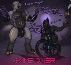 absurd_res anal anal_sex anthro bulge bulge_fondling canid canine canis clothing demon duo game_over gameplay_mechanics goo_transformation hi_res jackal jackie_demon jackiethedemon latex latex_clothing latex_skinsuit magic magic_user male male/male mammal melee_weapon penetration skinsuit stiefel_(argon_ramos) sword tentacle tentacle_in_ass tentacle_penetration tight_clothing transformation weapon