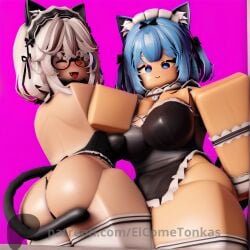 2girls ai_generated big_ass big_breasts blue_hair cat_collar cat_ears cat_tail elcometonkas glasses looking_at_viewer maid_outfit roblox white_hair white_legwear white_skin