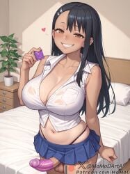 1futa ai_generated black_hair breasts brown_eyes condom condom_in_hand condom_on_penis futanari hayase_nagatoro huge huge_breasts miniskirt momodart penis please_don't_bully_me,_nagatoro smile stable_diffusion tagme tan_skin testicles