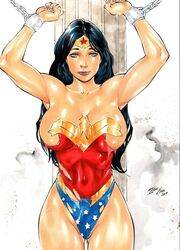 1girls 2019 amazon black_hair blue_eyes bondage bound bound_wrists breastplate breasts captured chain_bondage chained chains cleavage curvaceous curvy damsel_in_distress dated dc dc_comics diana_prince ed_benes_studio eyeshadow female female_only femsub goddess huge_breasts human iago_maia justice_league leotard long_hair makeup mascara panties peril pinup purple_lips purple_lipstick ripped_clothing signature solo standing superheroine themysciran thick_thighs thighs tiara torn_clothes torn_clothing wonder_woman wonder_woman_(series) wrists_bound