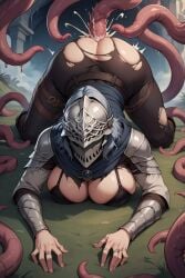 1girls ai_generated anal ass_up big_ass big_breasts cum_in_pussy elden_ring female fucked_from_behind helmet malenia_blade_of_miquella ripped_clothing tentacle tentacle_sex wide_eyed