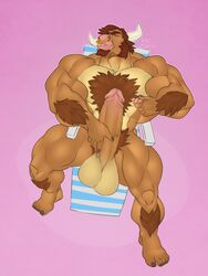 2017 anthro arm_tuft balls beard biceps big_balls bite biting_lip bovid bovine brown_fur brown_hair cattle chair chest_tuft closed_eyes diesel_(komatose) eyebrows facial_hair facial_piercing fur hair hi_res horn huge_balls huge_muscles hybrid_penis hyper hyper_balls hyper_penis kazushi lounge_chair lying male male_only mammal masturbation medial_ring multicolored_fur multicolored_penis muscular muscular_male nipple_pinch nipples nose_piercing nose_ring on_back pecs penis piercing pinch pink_nipples pubes self_bite solo thick_eyebrows tuft two_tone_fur two_tone_penis white_horn