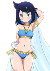 1girls 2020s alternate_costume bare_arms bare_legs bare_midriff bare_shoulders bare_thighs belly_button belly_dancer belly_dancer_outfit blue_bottoms blue_bra blue_eyes blue_hair blue_underlights blush blush_lines bottoms bra bracelet coin_belt coin_on_string crystal_necklace dancer dancer_class dancer_girl dancer_outfit feathers female female_only gold_(metal) gold_bracelets gold_collar gold_jewelry golden_bracelets golden_collar hourglass_figure hourglass_figured_female human liko_(pokemon) looking_at_viewer midriff navel necklace pokemon pokemon_(anime) pokemon_horizons pov pov_eye_contact silk silk_clothing silk_scarf solo thick_thighs underlights white_background white_feathers white_silk