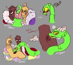 1girl2boys diphallia diphallism kinger_(the_amazing_digital_circus) oc oc_x_canon original_character queenie_(the_amazing_digital_circus) raccoongarbage reptile scalie snake sucking_penis tadc the_amazing_digital_circus threesome