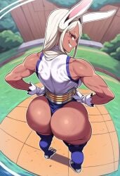 1girls ai_generated boku_no_hero_academia dark-skinned_female female_only huge_ass looking_at_viewer looking_back miruko muscular_female my_hero_academia rabbit_ears rumi_usagiyama smirk tagme thick_thighs thigh_highs