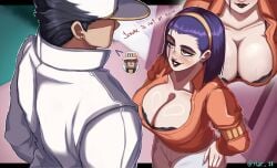 1boy 1girls asian asian_female big_breasts blush blushing busty cleavage diamond_is_unbreakable female hairbow hat huge_breasts jojo's_bizarre_adventure jotaro_kujo large_breasts larsson_(artist) light-skinned_female light-skinned_male light_skin male milf mostly_clothed purple_hair revealing_clothes shounen_jump tomoko_higashikata yurilarsson