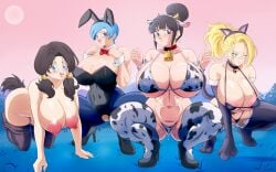 android_18 bell big_breasts bikini bulma_briefs bunny_ears bunnysuit cat_ears cat_tail chichi cow_ears cowgirl_position curvy dog_tail dragon_ball dragon_ball_z earrings huge_breasts neck_bell nose_ring ponytail soul-z squatting stockings thong thong_aside tongue_out videl