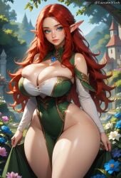 1girls ai_generated blue_eyes bursting_breasts clothing cupcakeattack elf elf_ears elf_girl fantasy female freckles huge_breasts long_hair looking_at_viewer pointy_ears red_hair skindentation slim_waist thick thick_thighs wide_hips