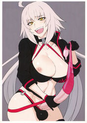 :d after_sex ahoge areolae bikini black_bikini black_choker black_gloves black_jacket breasts choker cleavage collarbone condom cropped_jacket cum_in_condom eyebrows_visible_through_hair fate/grand_order fate_(series) female futa_only futanari gloves hair_between_eyes holding holding_condom jacket jeanne_alter jeanne_alter_(swimsuit_berserker) large_breasts large_penis laughing long_hair mikoyan navel nimji nipple nipple_slip nipples o-ring o-ring_bikini open_mouth penis removing_condom silver_hair smile smug swimsuit testicles third-party_edit uncensored used_condom yellow_eyes