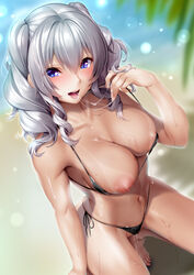 1girls abs areolae beach bikini black_bikini blue_eyes blue_sky blush breasts cleavage cum cum_in_mouth day feet female groin highres kantai_collection kashima_(kantai_collection) large_breasts long_hair looking_at_viewer micro_bikini navel nipple_slip nipples nironiro outdoors pussy_juice side-tie_bikini sidelocks silver_hair skindentation sky smile solo stomach swimsuit tan tanline toes tsurime twintails wavy_hair wet