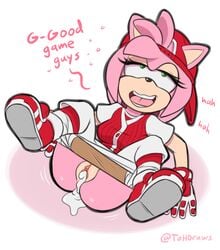 1girls after_sex ahe_gao all-star_amy alternate_costume amy_rose anthro baseball_bat baseball_cap baseball_uniform clothing cum cum_in_pussy cum_leaking female female_only fur furry gloves green_eyes hedgehog mammal no_panties pink_fur smile sonic_(series) sonic_forces_speed_battle sonic_the_hedgehog_(series) speech_bubble the_other_half