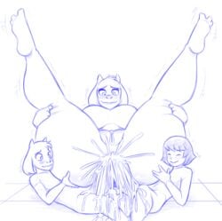 1girls 2boys anal anal_sex anthro asriel_dreemurr blush blushing bodily_fluids boss_monster bovid breasts_apart caprine cross-eyed cum cum_explosion cum_in_ass cum_inside double_anal double_penetration excessive_cum female female_anthro friendly_fire frisk genital_fluids gesture goat_horns group hi_res horns human incest larger_female leg_lift leg_spread legs_held_open male male_anthro male_human mammal mmf_threesome monochrome mother mother_and_son parent penetration penis pussy ratchetsly sex simple_background sitting_on_penis size_difference sketch small_but_hung small_dom_big_sub small_horns smaller_male smile son spread_legs spreading straight threesome tiles toriel trembling two_doms_one_sub undertale video_games white_background