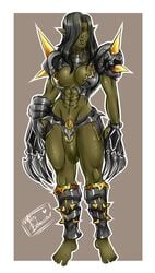 1futa abs armor athletic barefoot black_hair boob_window breasts claw_(weapon) claws color dickgirl flaccid front_view futa_only futanari green-skinned_futanari green_skin hair_over_one_eye huge_cock intersex long_hair long_hair_futa metal_claws midriff missbehaviour muscular_futanari muscular_thighs orc orc_futanari pauldrons penis_to_the_knees pointy_ears red_eyes skimpy_armor solo spikes standing useless_armor watermark