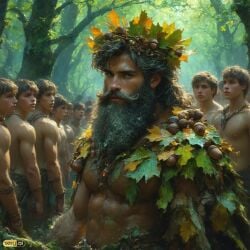 acorns ai_generated autumn autumn_leaves beard forest male_only muscles worshipers