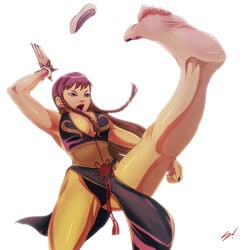 alternate_costume alternate_hairstyle barefoot breasts chun-li chun-li_(battle_ouffit_sfv) feet female kicking kicking_shoes_off scamwich shoes soles solo street_fighter street_fighter_v toes