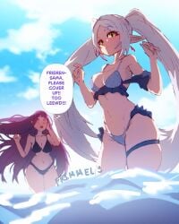 2girls artist_name big_breasts bikini bikini_bottom bikini_top breasts elf elf_ears elf_female english_text female female_focus female_only fern_(sousou_no_frieren) frieren frimmel large_breasts long_hair midriff multiple_girls navel pointy_ears purple_hair slim_waist sousou_no_frieren standing swimsuit swimwear text thick_thighs thighhighs thighs thin_waist thought_bubble twintails water white_hair wide_hips