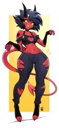 1girls bare_arms bare_shoulders bayeuxman big_breasts black_eyes black_hair clothed clothing color demon demon_girl demon_horns demon_tail female female_focus female_only helluva_boss hi_res imp large_breasts looking_at_viewer millie_(helluva_boss) red_body red_skin ripped_pants solo solo_female tagme thick_thighs